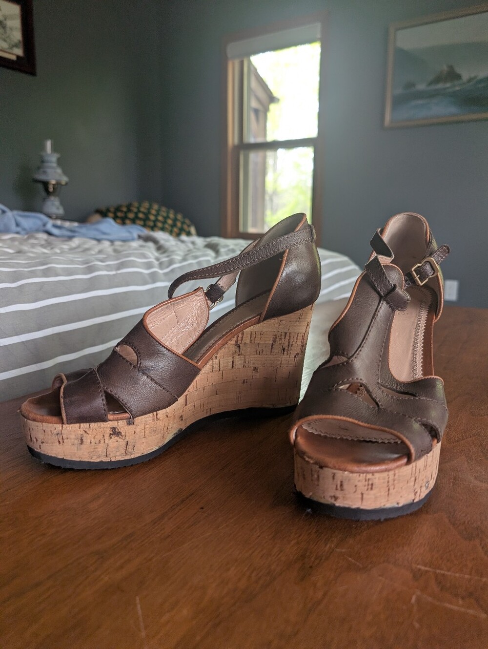 Chloe Brown Women's Cork Wedge Sandals With Box
